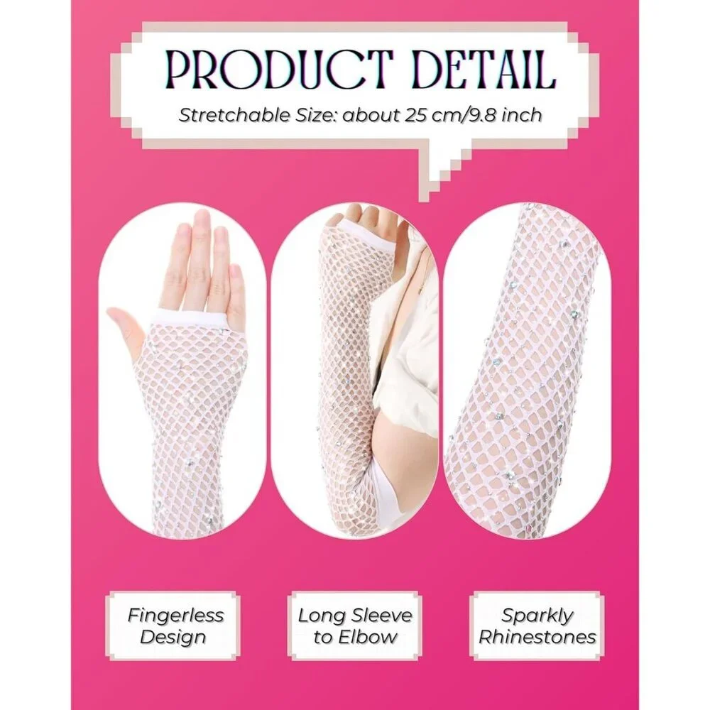 Women's Rhinestone White Sparkly Halloween Cosplay Fingerless Long Gloves